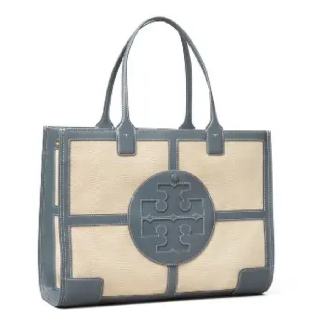 NWT Tory Burch Blue and Cream Ella Canvas Quadrant Tote Bag